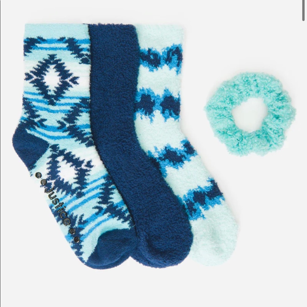 Justice Girl's 3-Pack Faux Sherpa Gripper Crew Socks Matching Hair Tie 10.5y-4